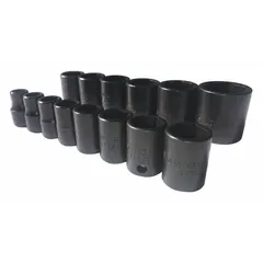 This 14-piece socket set includes 12-point metric sockets ranging from 8 mm to 24 mm with a 3/8 in drive. The sockets are Tether Ready for enhanced tool retention in elevated or confined workspaces. Suitable for general industrial maintenance and assembly tasks.
