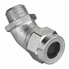 This 45° metallic cable grip secures and seals electrical cords entering enclosures. It has a 1/2 in MNPT connection, accommodates cords 0.50 in to 0.63 in diameter, and features a steel silver body with a brown color-coded grommet. Rated IP66 and Class I, Division 2 for hazardous locations, it is suitable for industrial environments where protection against liquids and flammable gases or vapors is required.