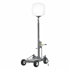 This wheeled-cart balloon light delivers 102,000 lumens of output and extends to a maximum height of 18 feet. It operates on 110 to 240V AC power and is rated IP65 for weather resistance. Suitable for temporary area lighting at construction sites, outdoor events, and industrial workspaces.