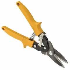 Left-cutting aviation snip with a 10 in overall length and 1-1/2 in cutting length. Features a steel blade, plastic handle, steel body, and metal latch. Suitable for cutting sheet metal in HVAC and metalworking applications.
