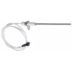 Flame sensor for gas-fired heating equipment. Detects flame presence to signal gas valve operation, enhancing safety by preventing unburned gas release. Suitable for use in HVAC systems with gas burners.