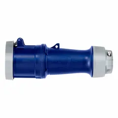Blue washdown-rated pin and sleeve connector rated 250V AC, 60 A, single phase, 2 pole, 3 wire with IEC grounding. Suitable for industrial environments requiring reliable power connections in wet or dusty conditions.