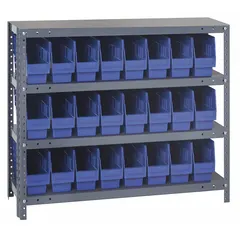 Steel frame shelving unit with 24 blue polypropylene open-front shelf bins. Each bin measures 8 in x 4-3/8 in x 17-7/8 in. Gray frame. Designed for organized storage of small parts and components in industrial facilities, warehouses, and workshops.