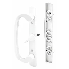 This recessed handle for sliding doors measures 8 1/2 inches in height and 1 3/4 inches in width. It is designed for flush-mount installation on sliding doors, providing a locking mechanism suitable for space-constrained applications.