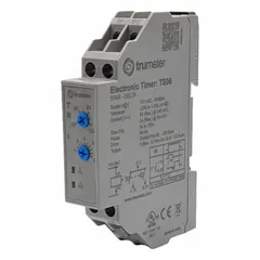 DIN rail-mounted time delay relay with adjustable timing from 3 to 120 seconds. Operates on 240V AC supply and features a SPDT-NO contact form. Used in industrial control panels for applications such as motor sequencing, conveyor timing, and HVAC staging.
