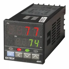 The EXTECH 48VFL13 is a 1/16 DIN digital proportional temperature controller accepting thermocouple and RTD sensors. It operates on 90 to 264 VAC at 50/60 Hz and provides a 4 to 20 mA output. Standard features include two latching relay alarms with eight selectable modes. Suitable for industrial heating and process control applications such as furnaces, ovens, and packaging machinery.