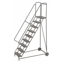 This assembled aluminum tilt-&-roll ladder provides a 7.5 ft platform height for accessing elevated work areas. It features double handrails and a gray finish, with no locking mechanism. Suitable for industrial maintenance, warehousing, and assembly line applications where stable, mobile access is needed.