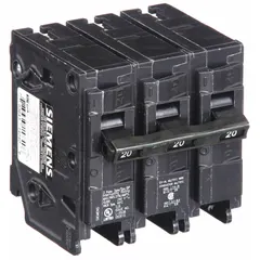 Three-pole miniature circuit breaker rated 20 A at 240V AC. Plug-in design for use in compatible load centers. Provides overcurrent and short-circuit protection for branch circuits in commercial and industrial electrical systems.