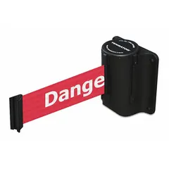 Wall-mount retractable belt barrier with a 13 ft red belt and white Danger messaging on a black frame. Designed for permanent installation using a fixed mounting plate, it is used to delineate restricted or hazardous areas and manage pedestrian traffic flow in industrial and public settings.