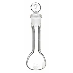 This KIMBLE volumetric flask has a 10 mL capacity and conical shape, made from colorless Type I glass. It meets Class A tolerance of ±0.02 mL and includes a stopper (size 9). Used for precise preparation of standard solutions and dilutions in analytical laboratories.