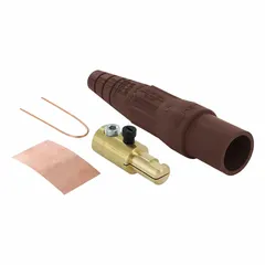 This male plug from the LEVITON 16 Series features a single set screw termination and is rated for 400 A at 600V AC/600V DC. The brown housing is designed for high-current industrial power distribution applications, such as temporary power setups and heavy equipment connections.