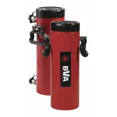 This double-acting hydraulic ram has a nominal capacity of 100 tons and a nominal stroke length of 13 inches. It is used in industrial lifting, pressing, and maintenance tasks requiring controlled force in both directions.