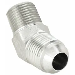 This rigid 45° elbow adapter connects male NPTF threads to male JIC threads in hydraulic fluid systems. It is used to transition between thread standards while changing flow direction by 45 degrees. Constructed of steel, it is suitable for industrial machinery, mobile equipment, and plant piping applications.