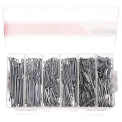 This cotter pin assortment includes 550 pieces across 7 bridge sizes, made from 1008 steel with a zinc-plated finish. The inch-sized pins are used for securing mechanical assemblies in applications such as machinery, automotive, and agricultural equipment.