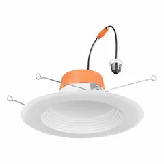 Universal trim module for 5-inch or 6-inch recessed housings. Provides 725 lumens at 8 watts with selectable color temperatures of 2700K, 3000K, 3500K, 4000K, or 5000K. Operates on 120V AC. Overall height 2 3/4 inches. White trim.