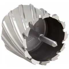 This high-speed steel annular cutter has a 2 in diameter and a 1 in maximum cutting depth. It features a bright finish, a Weldon Flat shank, and includes a pilot pin. Designed for use with magnetic drill presses, it is suited for general cutting applications in metal.