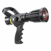 Aluminum-body fog nozzle with adjustable gallonage and swivel base. Activates via shutoff handle for fog or straight stream patterns. NPSH thread connection. Suitable for firefighting and industrial water applications