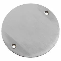 Stainless steel wall cleanout cover with a satin silver finish, 5 in overall diameter, and 1/8 in overall height. Corrosion-resistant for use in plumbing access points. Includes mounting screws.