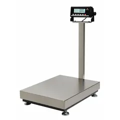 This bench scale features a 60 lb capacity with readability of 5 g/0.01 lb, a stainless steel weighing surface 14 5/8 inches deep, and an LCD display. The column-mounted indicator provides easy viewing, and the RS-232 port enables data communication. Suitable for weighing parcels in shipping and logistics operations.