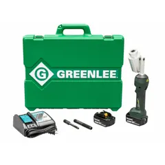 This cordless knockout tool kit from GREENLEE operates on 18V DC and includes two 3.0 Ah batteries and one charger. It punches holes up to 4 inches in steel with a maximum thickness of 10 gauge. Suitable for creating clean openings in steel panels for electrical enclosures, junction boxes, and industrial equipment.