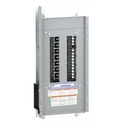 This 30-space, 225 A panelboard interior features an aluminum bus and accepts QHB, QOB, and QOB-VH circuit breakers. The convertible main-lug design allows flexible configuration for branch-circuit power distribution in commercial and industrial electrical systems. Dimensions: 27 in height by 10 7/16 in width.