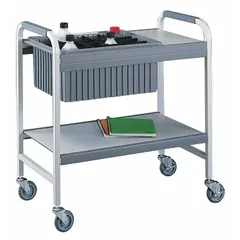 Steel lab cart with one compartment, overall dimensions 34 7/8 in length, 19 in width, 36 3/8 in height. Includes three 20.25 in long polyurethane dividers for organizing and securing instruments, glassware, and supplies during transport in laboratory and cleanroom environments.