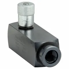 Steel-bodied pressure-compensated flow control valve with rotary knob adjustment. Maintains constant flow rate despite pressure variations. Connections are #8 SAE O-Ring Boss on both ports. Maximum flow capacity 6 gpm. Used in hydraulic circuits requiring precise flow regulation.