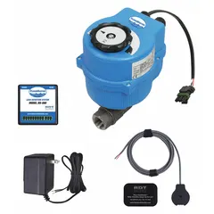 Brass detection and alarm shutoff system with 120V AC connection. Includes magnetized water sensor with 8 ft lead wire and audio alarm. Connection type is NPT. Certified to NSF 372. Used for automatic water main shutoff upon leak detection in plumbing systems.