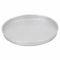 This 14 in diameter round cake pan is made of uncoated aluminized steel with a closed bead closure. The solid pan provides even heat distribution for baking round cakes in commercial kitchens. Silver finish