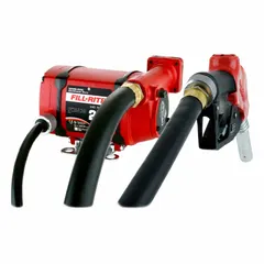 This foot-mount DC-powered fuel transfer pump operates on 24 V DC with a 1/3 hp motor, delivering a maximum flow rate of 25 gpm. It is supplied as a pump with hose and nozzle, suitable for transferring diesel, kerosene, and other non-flammable fluids from drums or tanks. Meter is not included.