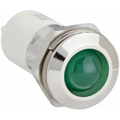 Green LED indicator pilot light with raised head for enhanced visibility. Features M16 thread and 0.11 male quick disconnect electrical connection. Designed for panel mounting in industrial control and automation applications.
