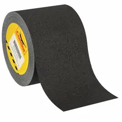 Solid black rubber anti-slip tape with fine 80-grit abrasive surface. Continuous roll 3 in wide by 60 ft long, 28 mil thick. Features aggressive adhesive and oil resistance for indoor and outdoor use in chemical environments. Meets ADA specifications.