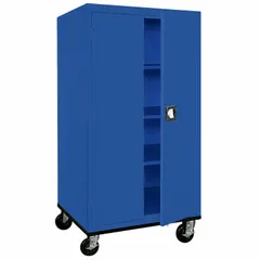 Steel cabinet with powder-coated blue finish, three adjustable shelves, and three-point locking system. Recessed door handle and caster base for mobility. Assembled frame. Suitable for storage of tools, parts, or supplies in commercial and industrial settings.