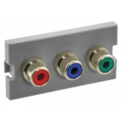 This 3-port flat-style audio-video jack with frame is constructed of gray plastic and accepts RCA connectors. It is used for terminating and routing audio and video signals in structured cabling systems, providing a clean interface for connecting AV equipment.