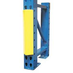 This steel post protector mounts on teardrop-style pallet rack uprights to shield them from forklift impacts. It includes a safety clip for secure attachment. Typical use is in warehouses and industrial storage areas to reduce damage to rack structures.