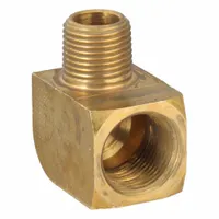 This 90° pipe elbow is a threaded high-pressure fitting with a 3/4 in female NPT connection on one end and a 1/2 in male NPT connection on the other. It is rated for a maximum operating pressure of 1,000 psi. Used to change flow direction in piping systems