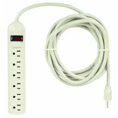 This general purpose surge protector features 6 outlets, a 15 ft cord, 250 J rated energy, and 15 A current. It is designed to protect connected equipment from voltage spikes in workshops, offices, and industrial settings. The beige unit includes keyhole mounting for secure wall attachment.