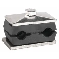 This vibration-dampening beta clamp secures two pipe lines while reducing noise and mechanical shock. It features a textured core for enhanced grip. Suitable for hydraulic, pneumatic, and process piping applications