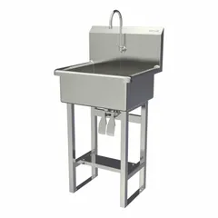 This one-station freestanding hand sink with faucet is constructed of 16-gauge stainless steel. It features a 20-inch bowl length and 9-inch bowl depth, with a flow rate of 2 gpm. Side splash is not included. Suitable for commercial handwashing applications.