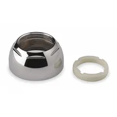 This escutcheon cap covers the base of a faucet where it meets the sink or countertop, providing a finished appearance. It is made of plastic with a chrome finish and includes an adjustable ring for secure fit. Overall height is 7/8 inch. Suitable for use in kitchen and bathroom faucet installations.