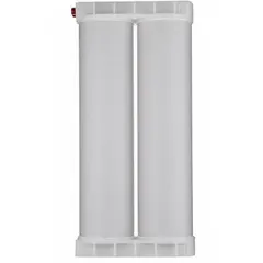 Mixed bed resin cartridge for deionization of prefiltered water. Removes dissolved ions to produce high-purity water for laboratory applications such as analytical instrumentation, rinsing, and reagent preparation.
