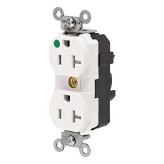 Specification grade, hospital grade duplex receptacle. 125V AC, 20A, 2-pole/3-wire, 5-20R configuration. White. For use in commercial and institutional settings requiring robust power outlets.