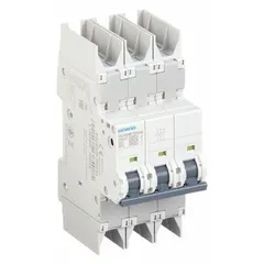 Three-pole miniature circuit breaker with C-curve trip characteristic, rated 40 A. Provides overcurrent protection for branch circuits, motor circuits, and control panels. UL489 listed for DIN-rail mounting, with a maximum AIR rating of 10kA at 277/480V AC and DC voltage rating of 125V DC. Terminals are screw clamp type.