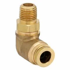 Brass push-to-connect elbow adapter for connecting 3/8 in OD tubing to a 1/4 in male NPT port. Used in pneumatic and air brake systems for leak-free connections without tools.
