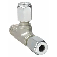 Steel compression tee fitting from the Ferulok series, featuring a flareless bite-type design for leak-tight tube connections. Suitable for branch connections in hydraulic, pneumatic, and instrumentation tubing systems. Thread size: 1/4"-18.