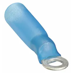 Blue heat shrink insulated ring terminal for #6 stud size, accepting 16 AWG to 14 AWG wire. The heat shrink insulation provides a sealed connection, suitable for industrial wiring applications where protection against moisture and contaminants is required.