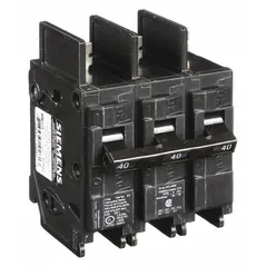 Three-pole bolt-on miniature circuit breaker rated 40 A at 240V AC. Provides overcurrent protection for branch circuits in panelboards. Suitable for industrial electrical distribution systems.