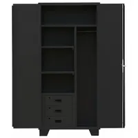 Industrial combination cabinet with three shelves (two adjustable, one fixed) and three drawers (5 in x 16 in x 16 in). Includes a hanging rod, swing handle and padlock hasp for security. Finished in black with legs, ships assembled. Suitable for storage of tools, parts, and equipment in workshops, warehouses, and manufacturing facilities