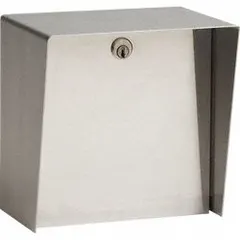 This stainless steel cover housing provides a protective enclosure for gate operator access control devices and cameras in outdoor installations. The polished silver finish and EPDM rubber seal offer weather resistance. Overall height is 8 inches with a 6 x 8 inch cover size.