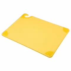 This yellow co-polymer cutting board measures 20 inches in overall length and 15 inches in overall width. It is NSF Certified for sanitation compliance. The board is used for food preparation in commercial kitchens, delis, and food processing facilities; the yellow color helps designate a specific use zone to prevent cross-contamination.